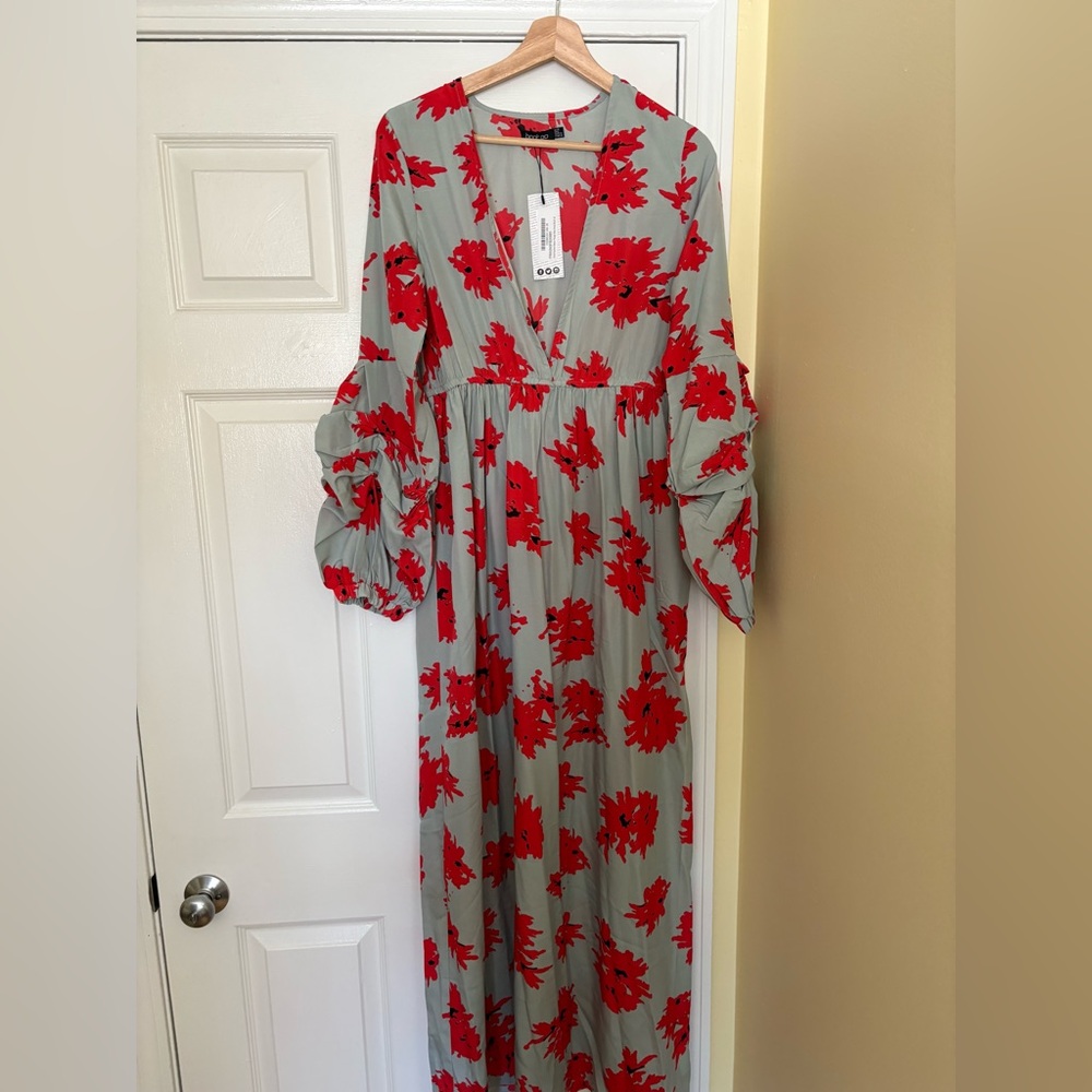 Boohoo Grey Maxi Dress with Red Floral Print